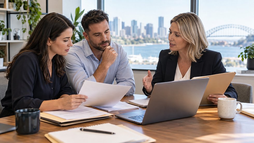 Two human resources colleagues comparing an employee chronology with a specialist using separate unmarked folders and an unreadable laptop in Australia