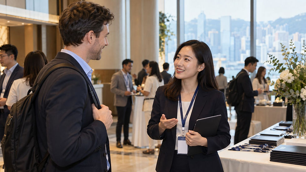 An overseas professional speaking with an event host in the lobby of a modest international conference with no readable signs in Hong Kong