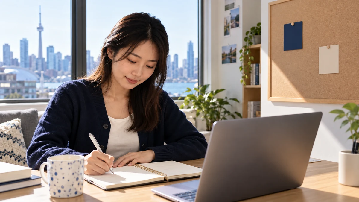 A graduate in a navy cardigan reviews notes at a desk beside a blank noticeboard; AI illustration.