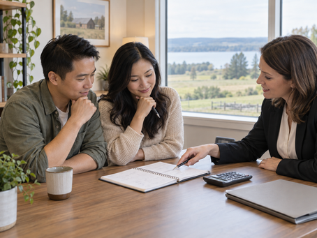 Couple reviewing a budget notebook and calculator with an adviser at a bright office desk.