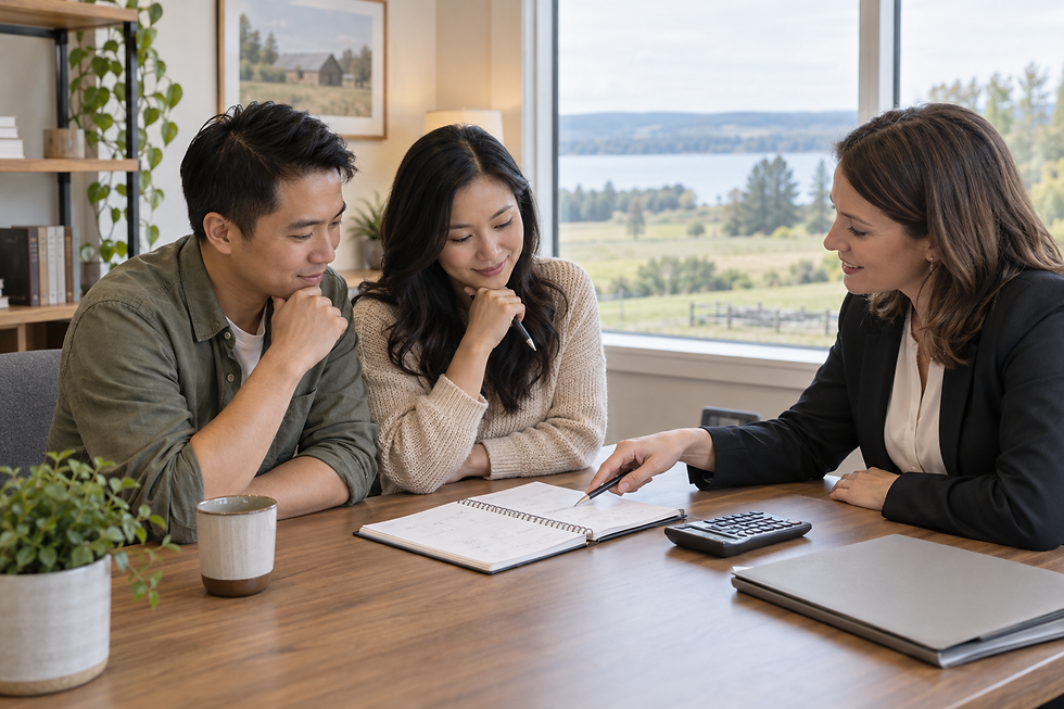 Couple reviewing a budget notebook and calculator with an adviser at a bright office desk.