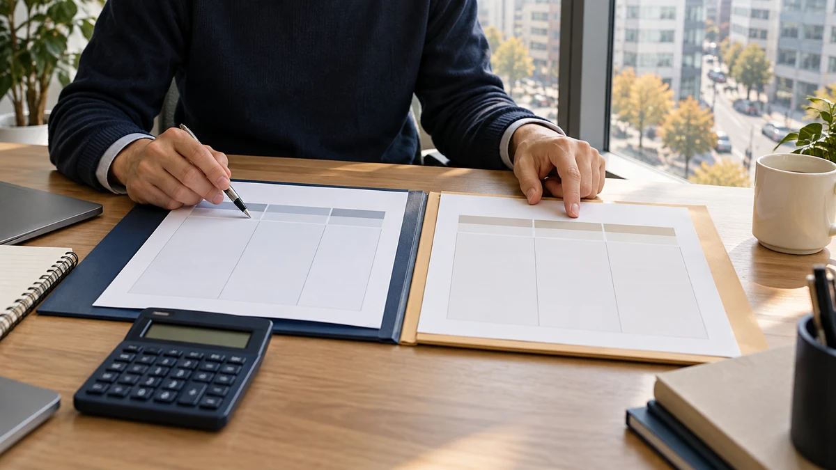 Hands compare blank pay worksheets beside a calculator at an office window; fictional AI illustration.