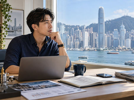 An overseas professional planning a Hong Kong career search at a desk near a sunny city window
