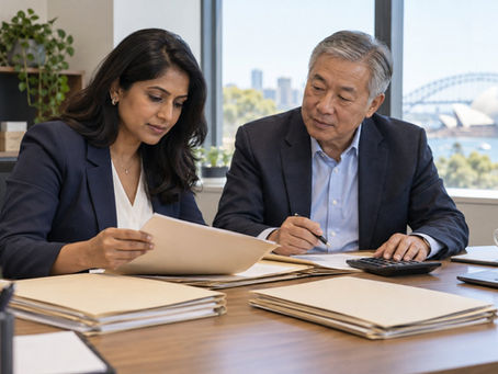 An investor and a financial professional reviewing several separate unmarked asset folders with a calculator in a calm office in Australia