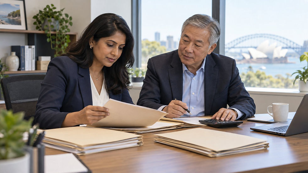 An investor and a financial professional reviewing several separate unmarked asset folders with a calculator in a calm office in Australia