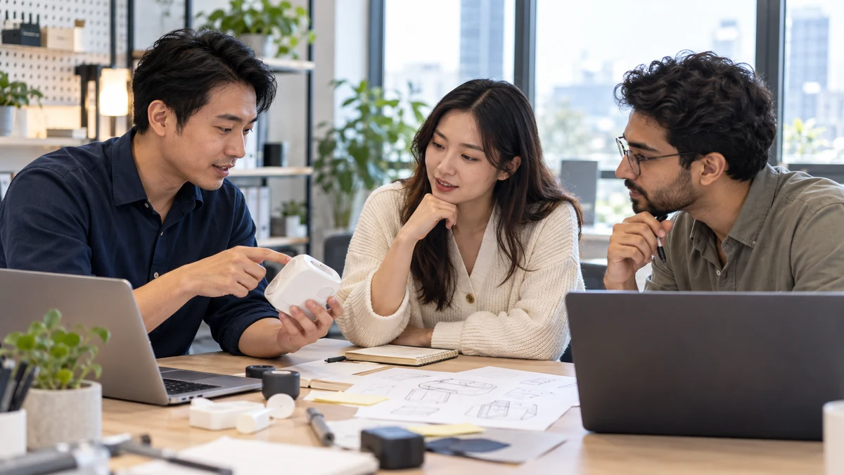 Three technology professionals discuss an anonymous product prototype in a bright office; fictional AI illustration.