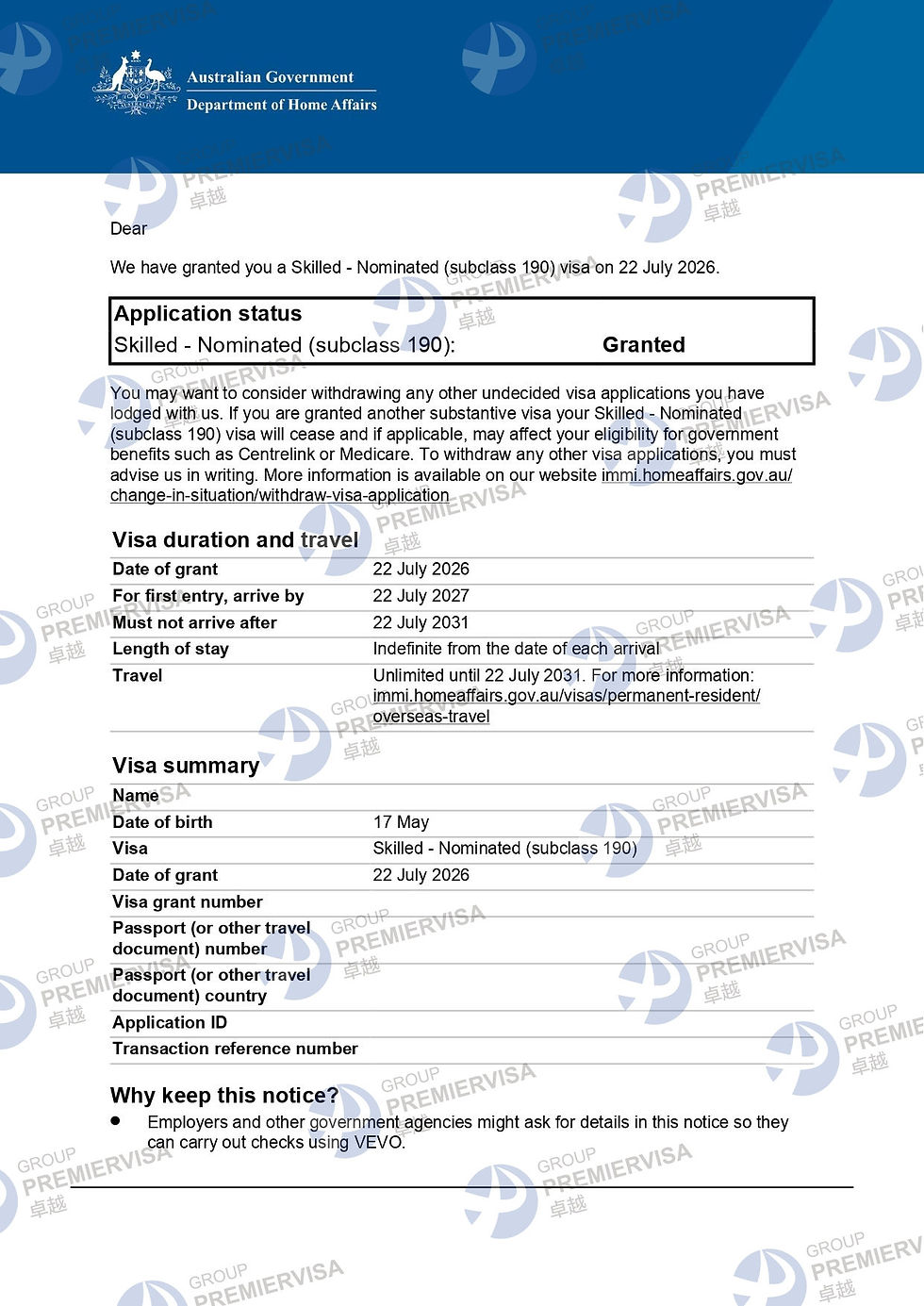 PremierVisa Group | Subclass 190 Skilled Nominated Visa Granted | 22 July 2026 | PV-AU-0285