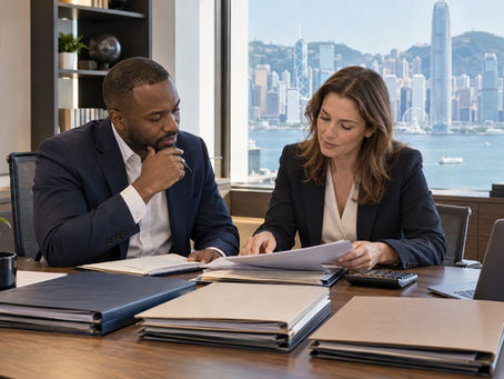 An investor and a financial professional reviewing several separate unmarked asset folders with a calculator in a calm office in Hong Kong