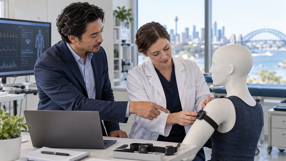 A digital health founder and a clinical researcher testing a wearable sensor on a demonstration mannequin in an Australian research clinic