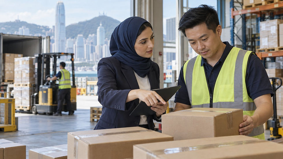 An entrepreneur and a warehouse supervisor checking a small shipment of unbranded boxes in a working logistics facility in Hong Kong