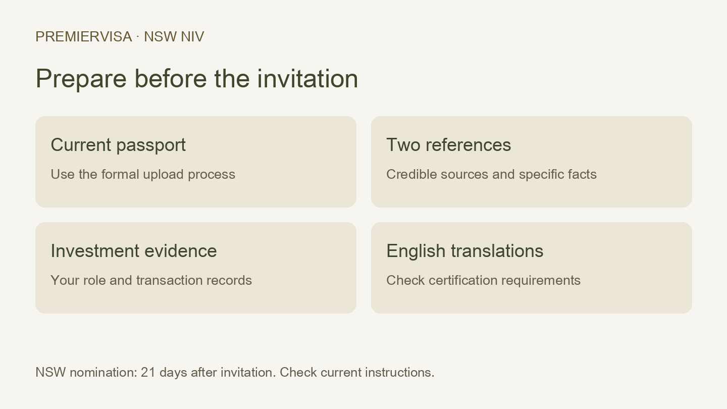Document categories to prepare for an NSW NIV innovative investor nomination application