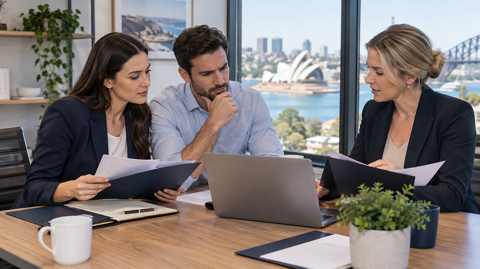 Two human resources colleagues comparing an employee chronology with a specialist using separate unmarked folders and an unreadable laptop in Australia