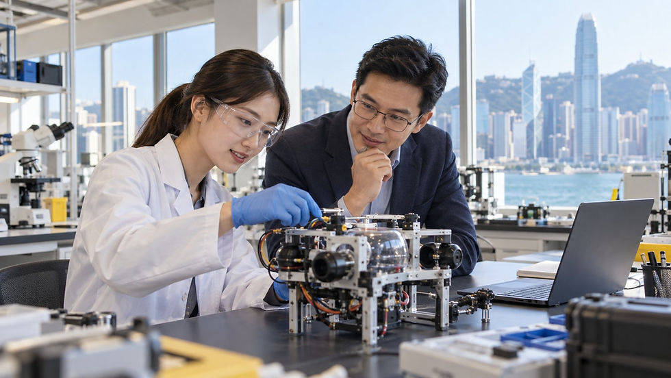 A researcher and an industry colleague examining a practical scientific prototype in a bright university laboratory in Hong Kong