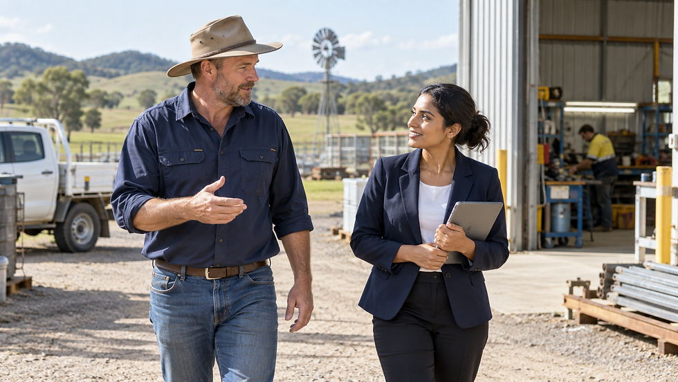 A regional employer and an overseas specialist walking through a practical Australian workplace near a small rural town in Australia