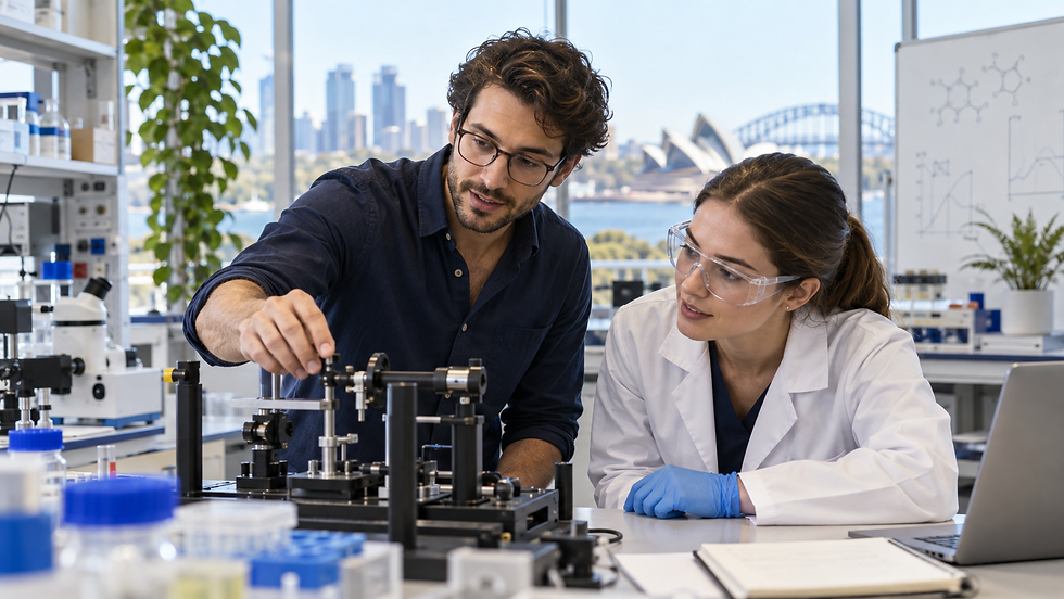 A scientific founder and a laboratory researcher examining an early experimental apparatus in a bright Australian research laboratory
