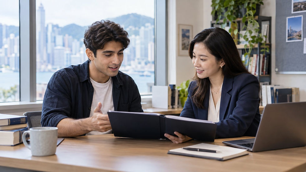 An international graduate discussing an unmarked qualification folder with a university careers adviser in a quiet campus office in Hong Kong