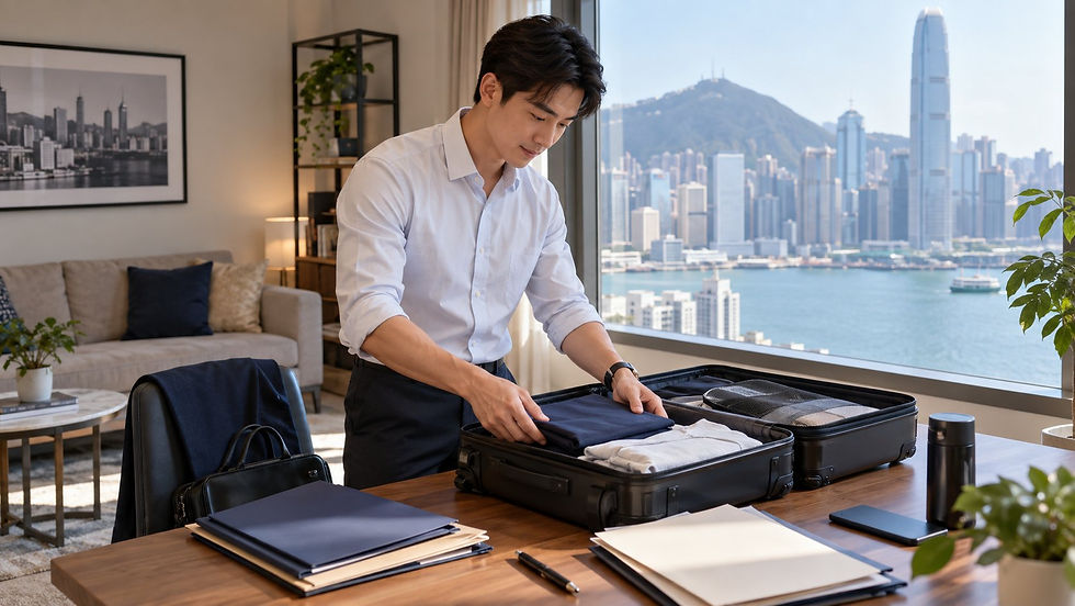 A professional traveller organising a small suitcase and unmarked document folders at home before an international work journey in Hong Kong