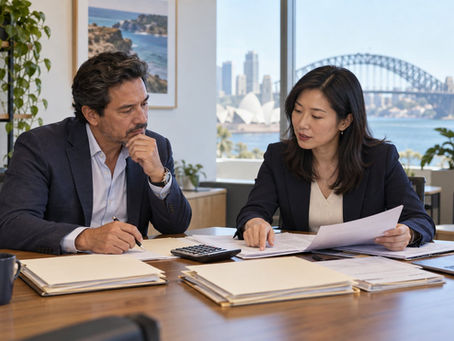 An investor and a financial professional reviewing several separate unmarked asset folders with a calculator in a calm office in Australia