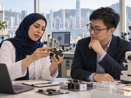 Experienced technology specialist explaining an engineering achievement to a Hong Kong research manager