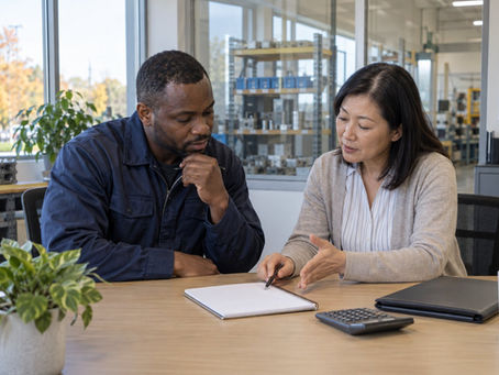 A worker and payroll manager reviewing compensation records in a Kitchener engineering office.
