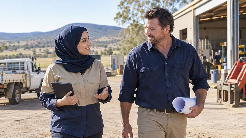 A regional employer and an overseas specialist walking through a practical Australian workplace near a small rural town in Australia