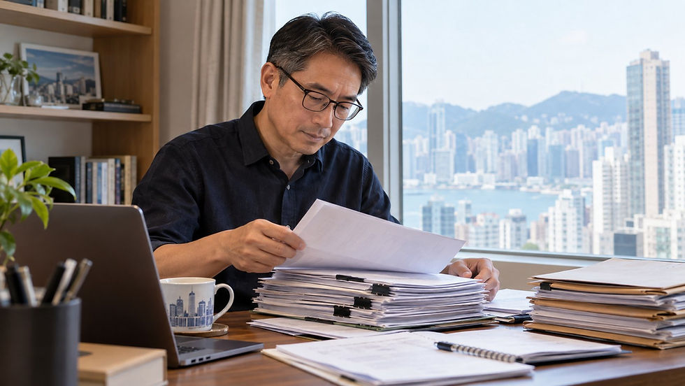 A mature professional organising several years of employment records at a quiet home desk near a city window in Hong Kong