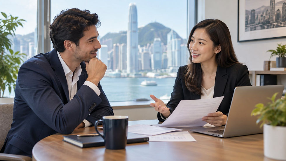 An international employee discussing a specific job offer with a human resources manager at a small meeting table in Hong Kong