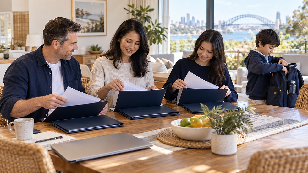 An international family arranging separate unmarked document folders at a sunny home dining table while a school age child packs a school bag nearby in Australia