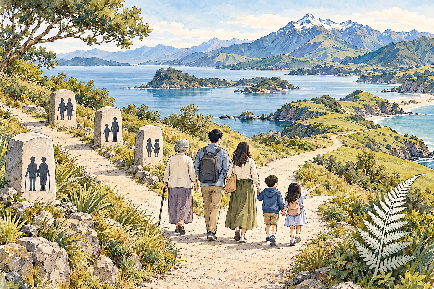 柔和水彩線稿插畫以家庭樹、年齡節點和分岔小徑說明受養子女核對,背景為新西蘭海岸。