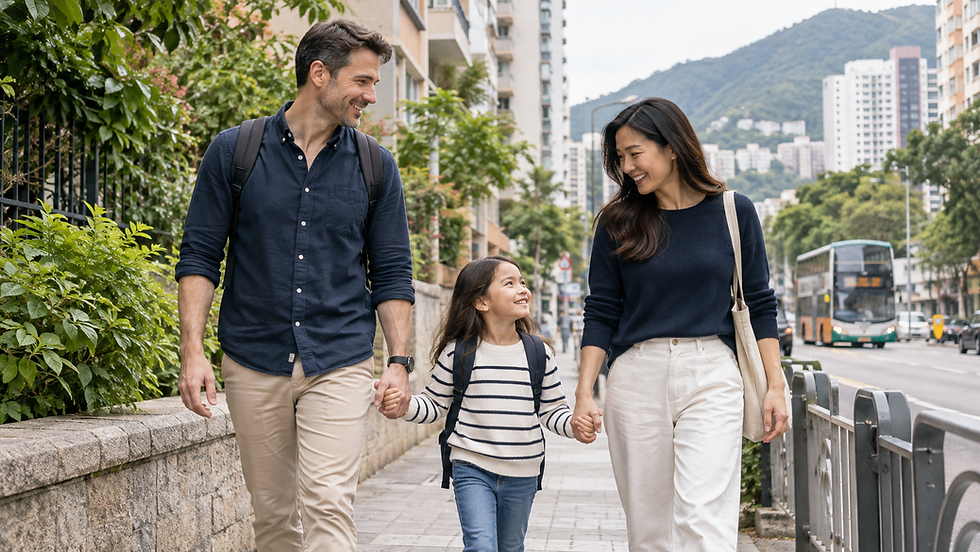 Parents and a school age child exploring a Hong Kong residential neighbourhood