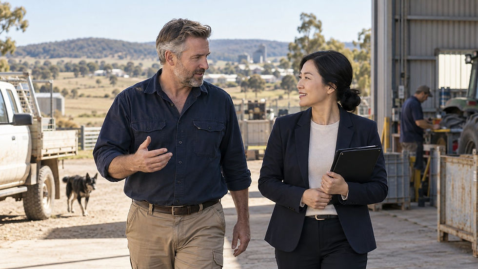A regional employer and an overseas specialist walking through a practical Australian workplace near a small rural town in Australia