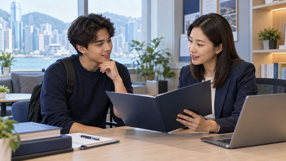 An international graduate discussing an unmarked qualification folder with a university careers adviser in a quiet campus office in Hong Kong
