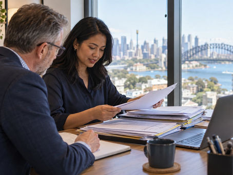 A mature professional organising several years of employment records at a quiet home desk near a city window in Australia