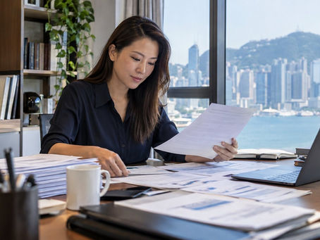 A professional assembling residence and business activity records in an established Hong Kong home office