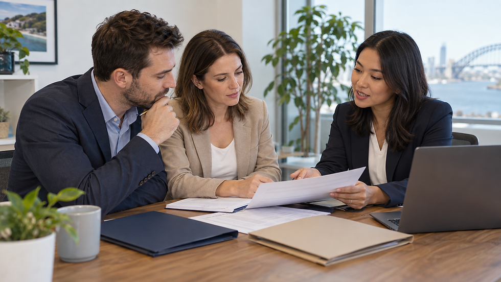 Two human resources colleagues comparing an employee chronology with a specialist using separate unmarked folders and an unreadable laptop in Australia
