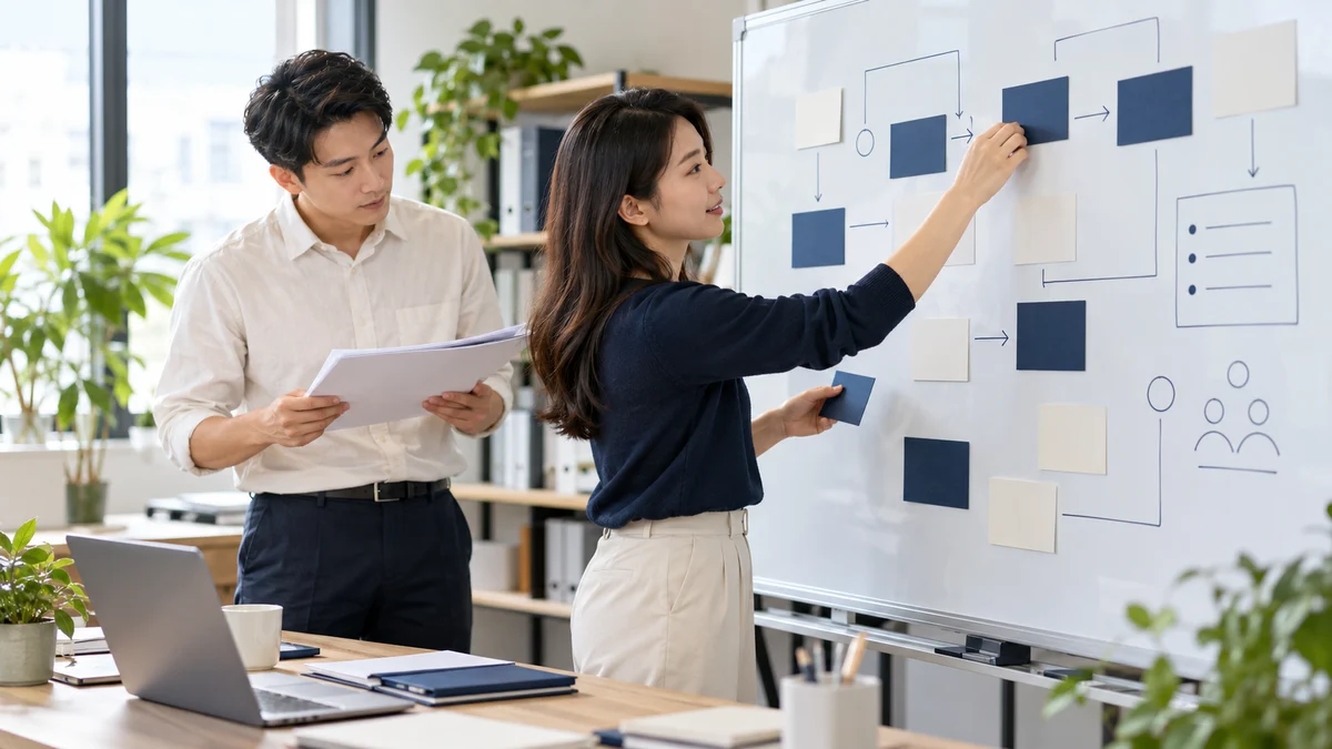 Two colleagues arrange blank role cards and review an anonymous brief beside a whiteboard; fictional AI illustration.