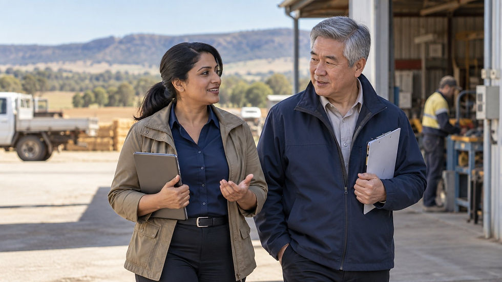 A regional employer and an overseas specialist walking through a practical Australian workplace near a small rural town in Australia