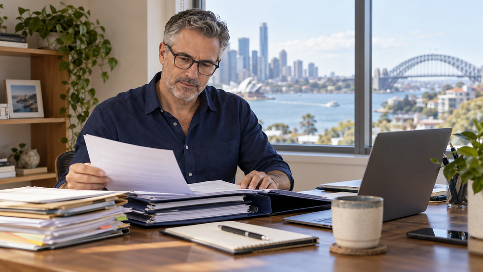 A mature professional organising several years of employment records at a quiet home desk near a city window in Australia