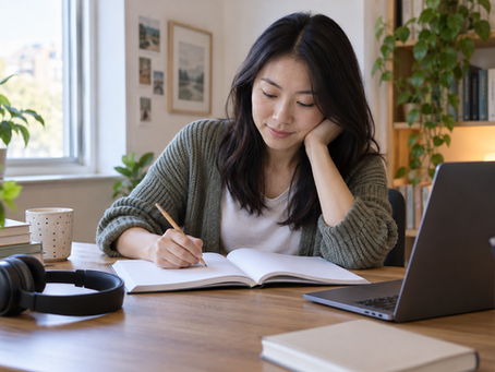 Adult language learner studies an open workbook at a home desk with headphones and a laptop.