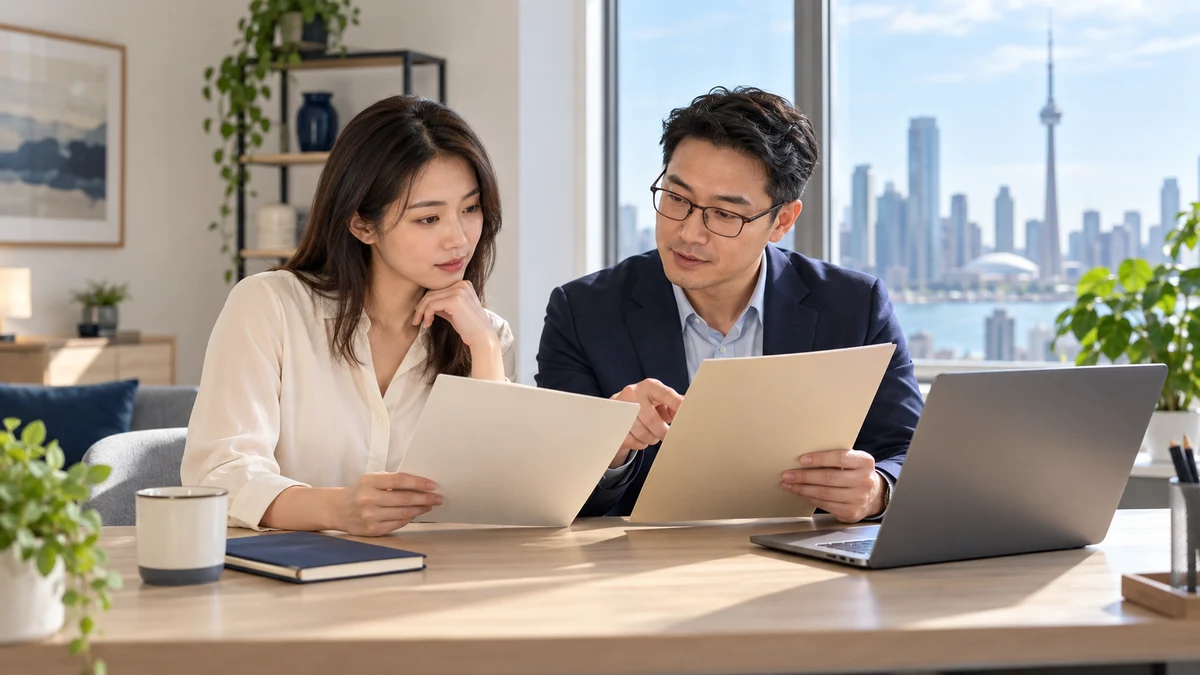 A candidate and an adviser compare blank folders at a bright desk beside a laptop; AI illustration.