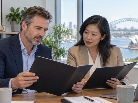 An employer and an overseas professional comparing two unmarked employment folders in a bright everyday company office in Australia