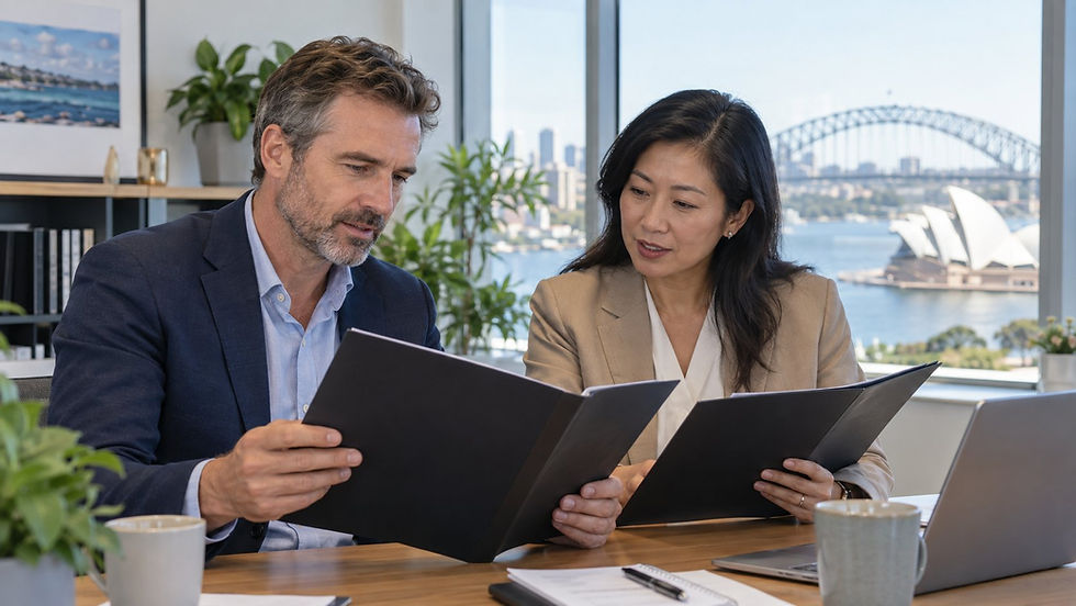 An employer and an overseas professional comparing two unmarked employment folders in a bright everyday company office in Australia