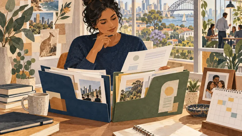 An overseas professional reviewing career evidence and a family calendar before exploring an Australian move