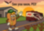 A cheesesteak mascot waves beside a bus labeled "PEI" at sunset. Pretzels wave in the foreground. Text reads: "See you soon, PEI!"