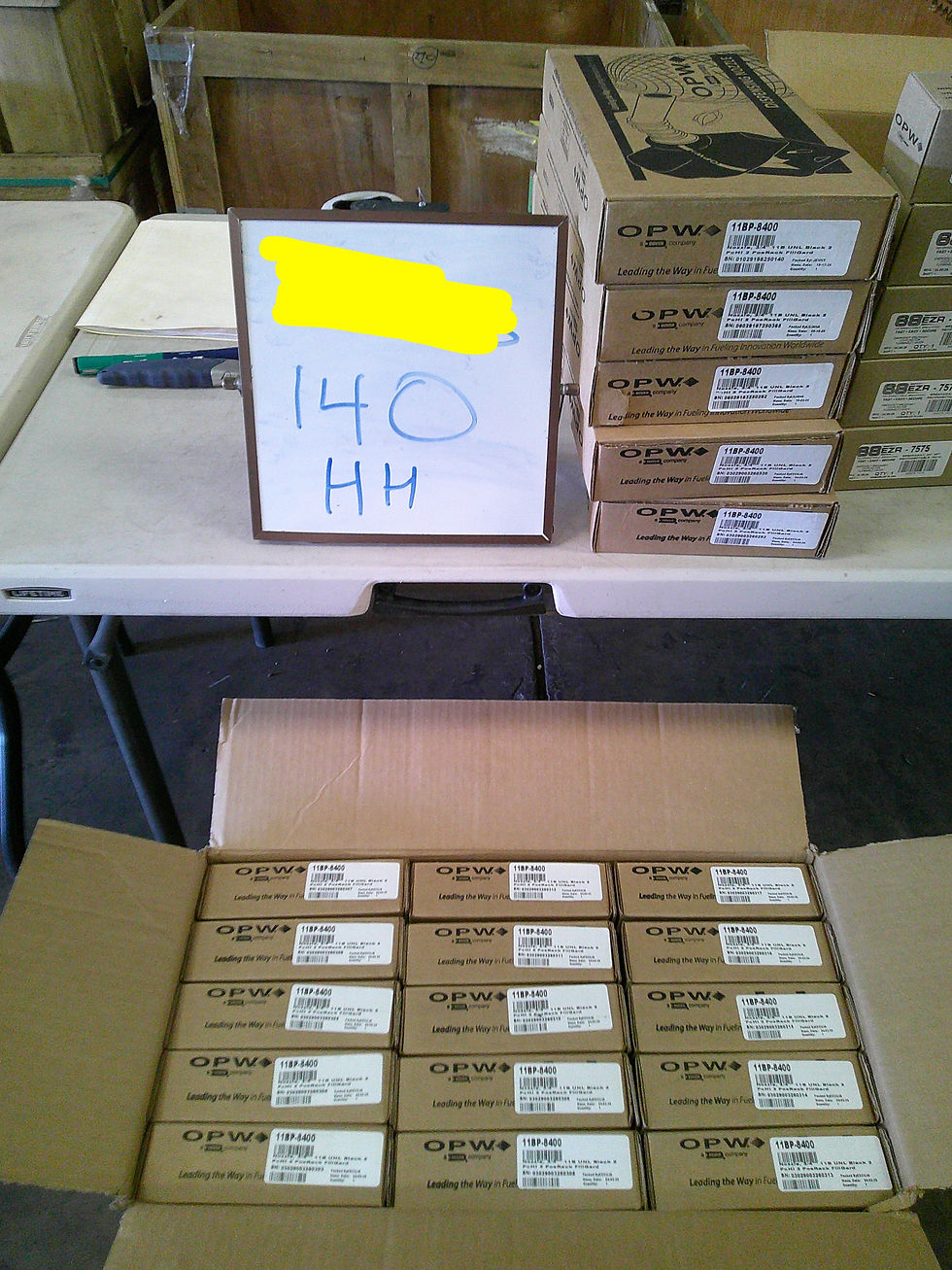 Organized staging of OPW fueling nozzles, demonstrating warehouse capacity and order readiness.