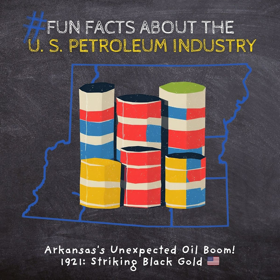 This highlights a fun fact about the U.S. petroleum industry, specifically mentioning Arkansas' unexpected oil boom in 1921 when "black gold" was struck.