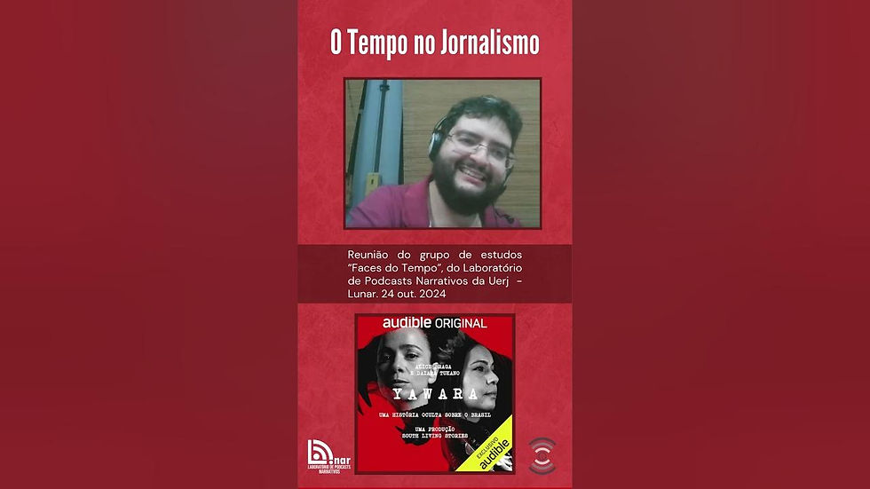 Arte do Lunar com Andriolli Costa, o título O Tempo no Jornalismo e a capa da audiossérie Yawara.