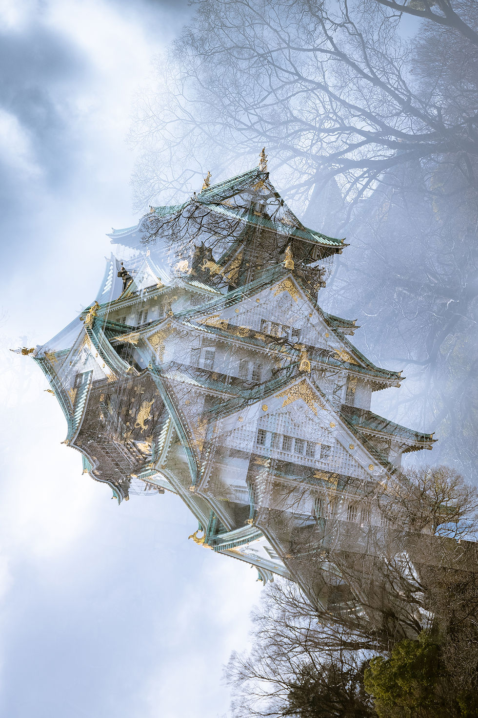 Double exposure shot of Osaka castle