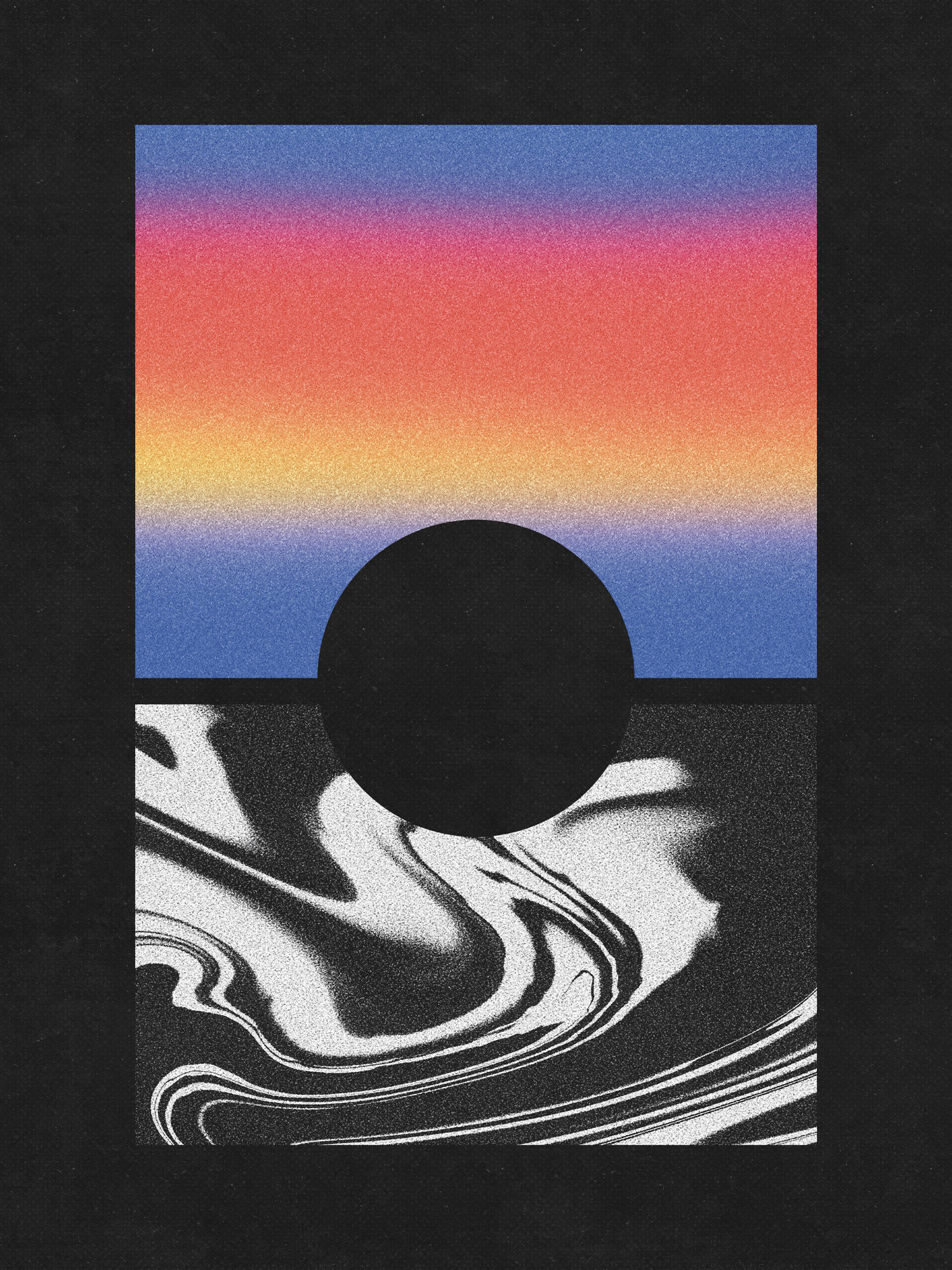 A minimal Bauhaus geometric shape black and white retro space art print. With colour gradient horizon and black hole sun