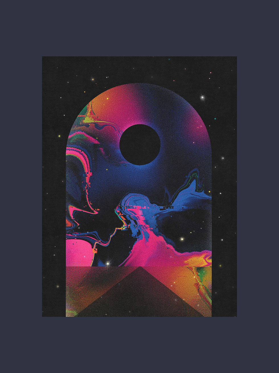 Thumbnail: A retro space art print with black hole eclipse. With psychedelic marbled sky, and a road disappearing into the horizon